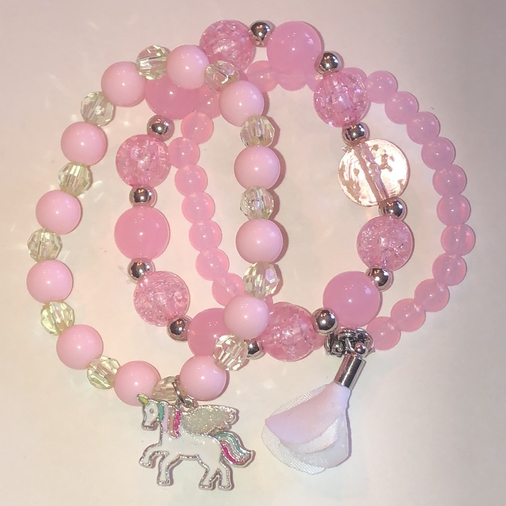 Pink Beaded Unicorn Charm Bracelet Set
